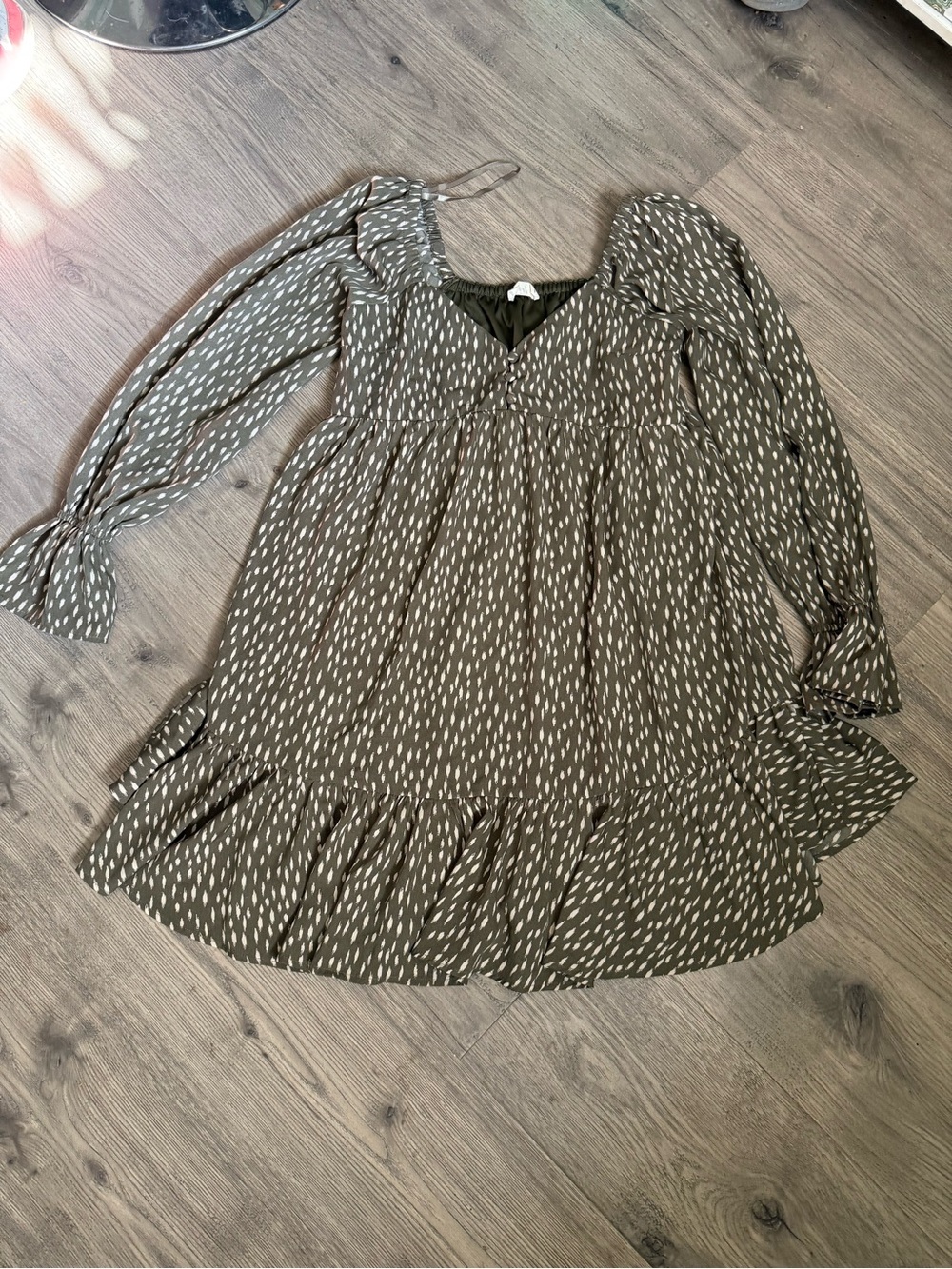 V-Neck Olive Printed Ruffle Mini Dress